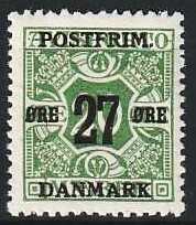 FRIMÆRKER DANMARK | 1918 - AFA 90 - 27 øre/20 øre grøn provisorium - Postfrisk